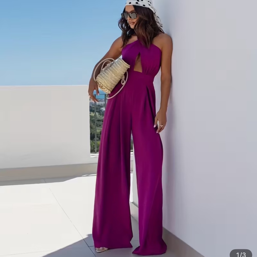Elegant Magenta Jumpsuit romper one piece Macy's size small halter palazzo INC